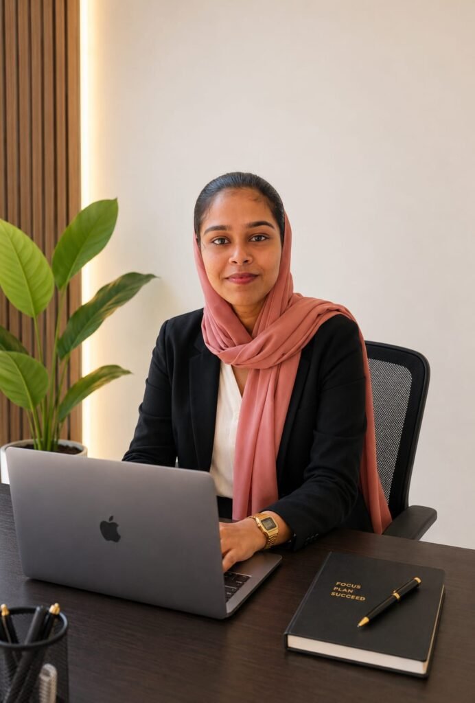 A woman wearing a black blazer and pink hijab sitting at a desk and working on a laptop in an office.